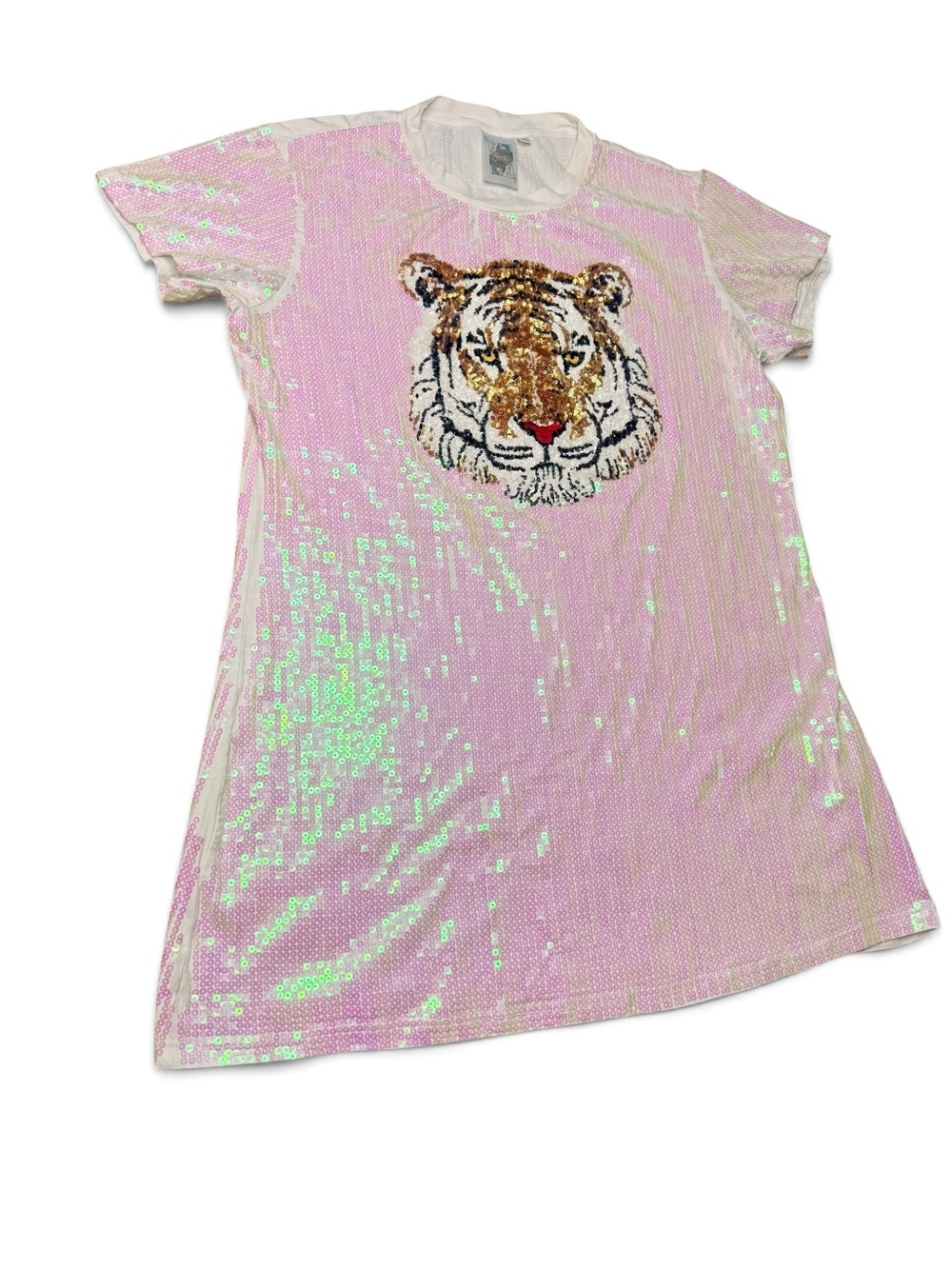 Queen of Sparkles White Iridescent Sequin Tiger Face T-Shirt Dress Size M - Picture 5 of 11